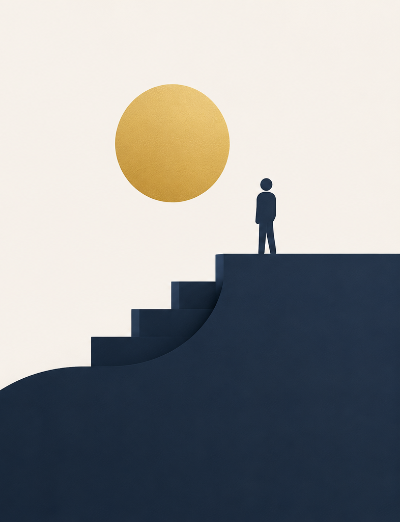 Illustration of a person climbing steps toward a gold horizon, representing organizational growth